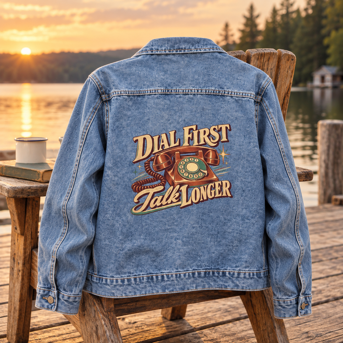 Blue vintage denim jacket, lakeside back view, printed rotary phone and Dial First. Talk Longer slogan