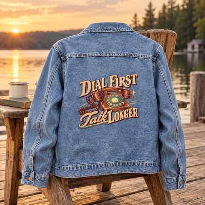 Blue vintage denim jacket, lakeside back view, printed rotary phone and Dial First. Talk Longer slogan