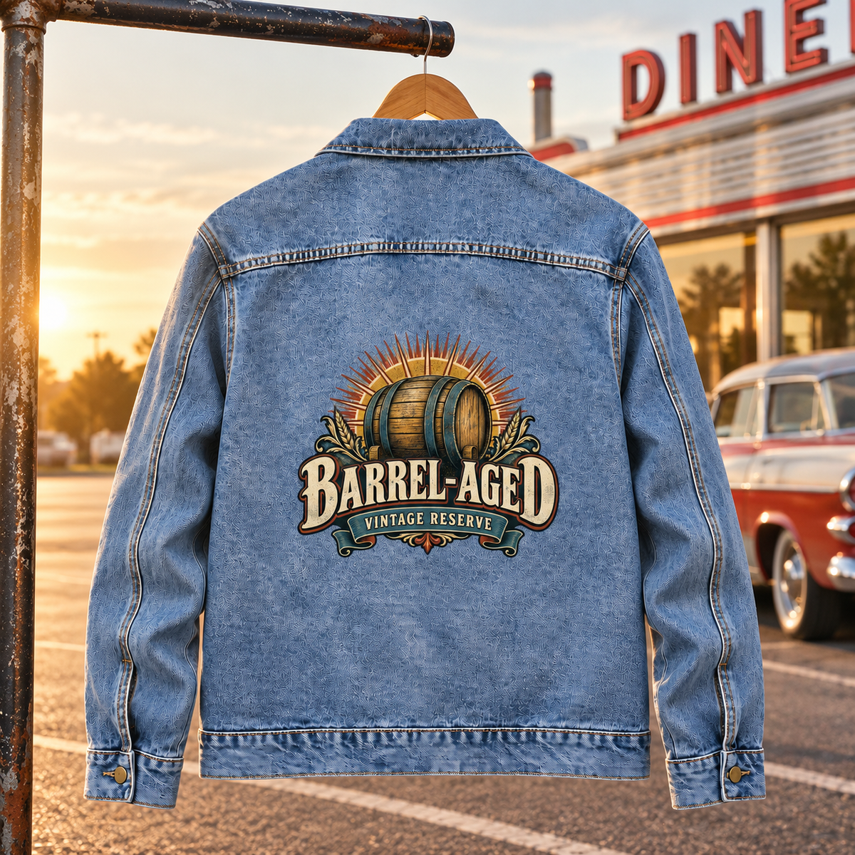 Back view of blue vintage denim jacket with printed Barrel-Aged Vintage Reserve barrel design.