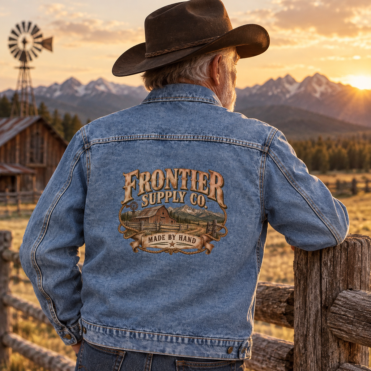 Senior man in blue vintage denim jacket with printed Frontier Supply Co. Made By Hand
