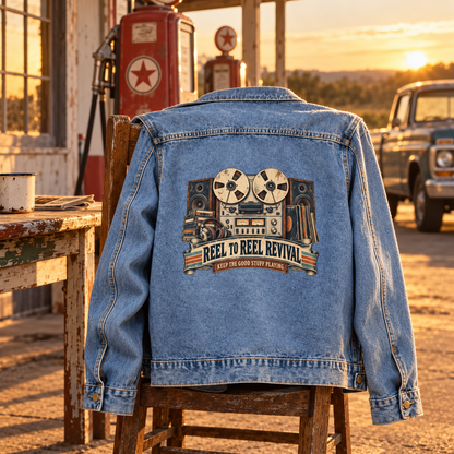 Blue vintage denim jacket, back view, with printed reel-to-reel design at a gas station