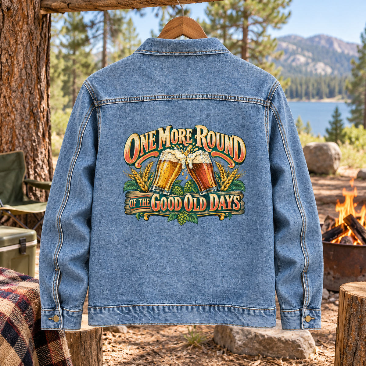 Blue vintage denim jacket with printed One More Round Of The Good Old Days design
