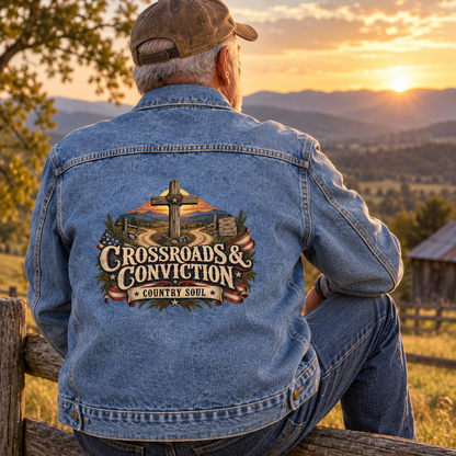 Senior man in blue vintage denim jacket, back showing Crossroads & Conviction Country Soul print.