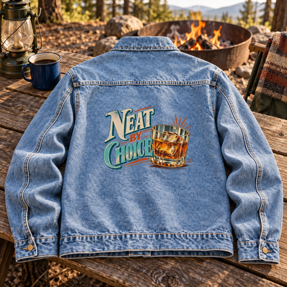 Blue vintage denim jacket, back view, with printed Neat By Choice and drink glass