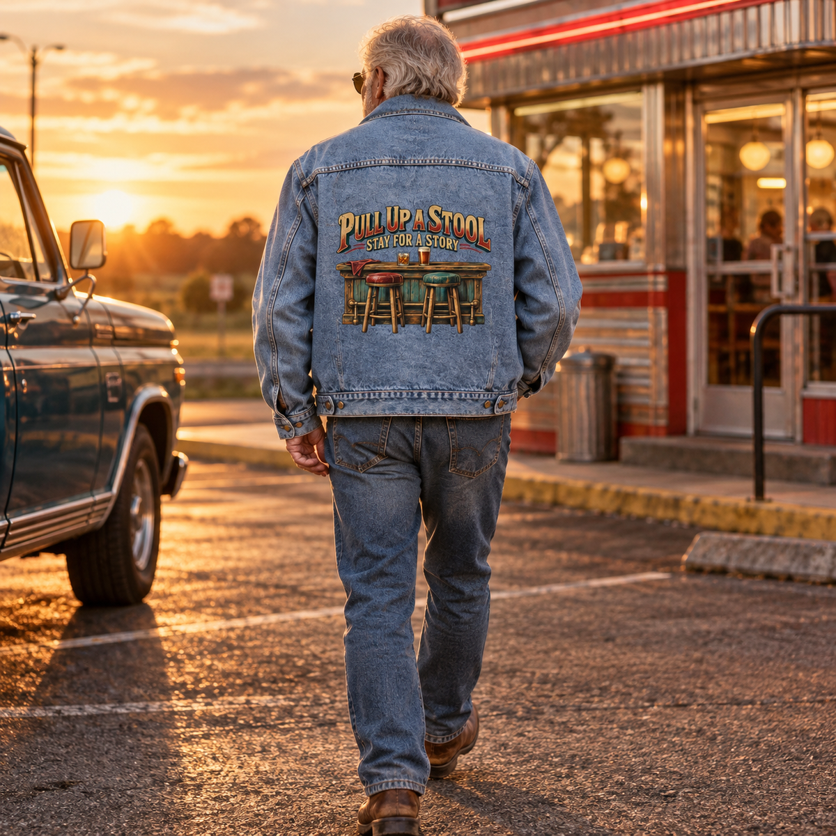 Senior man in blue vintage denim jacket with printed slogan and bar stools outside diner