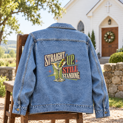 Blue vintage denim jacket, back view, with printed Straight Up. Still Standing martini design.