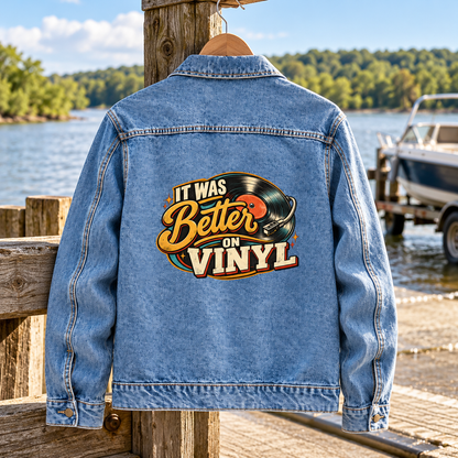 Blue vintage denim jacket, back view with printed It Was Better On Vinyl slogan