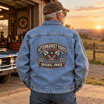 Senior man in blue vintage denim jacket, back view with printed Aftermarket Parts. Original Owner.