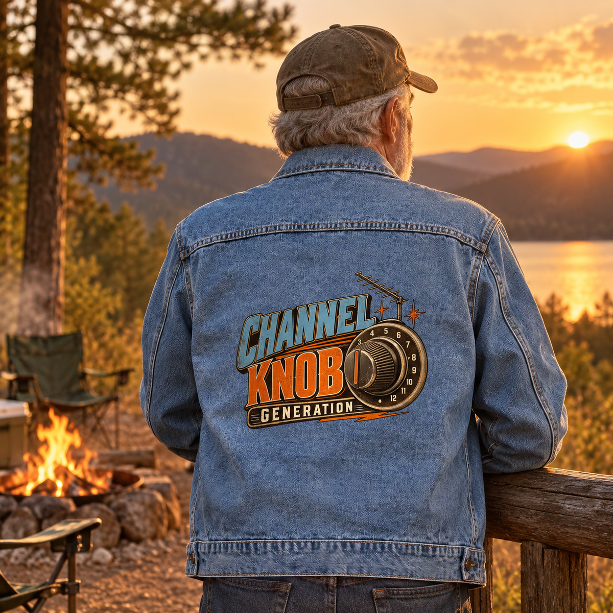 Senior man wearing blue vintage denim jacket with printed Channel Knob Generation design at sunset