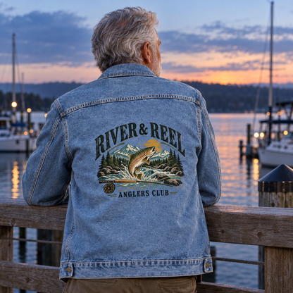 Senior man wears blue vintage denim jacket with printed River & Reel Anglers Club design