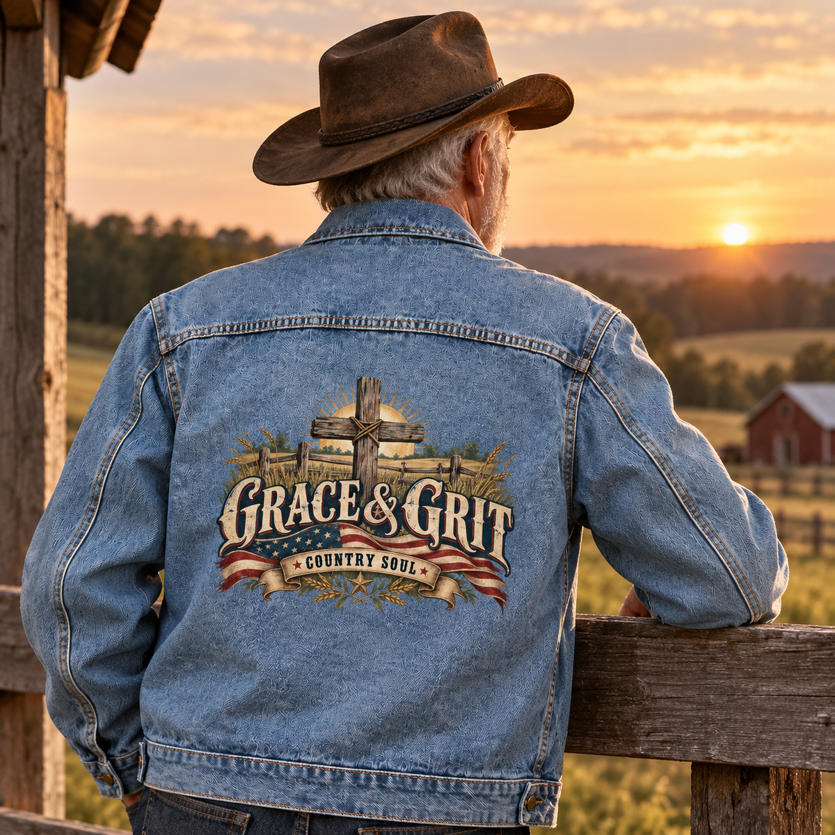 Senior man wears blue vintage denim jacket with Grace & Grit Country Soul print.