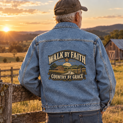 Senior man wearing blue vintage denim jacket printed Walk By Faith, Country By Grace