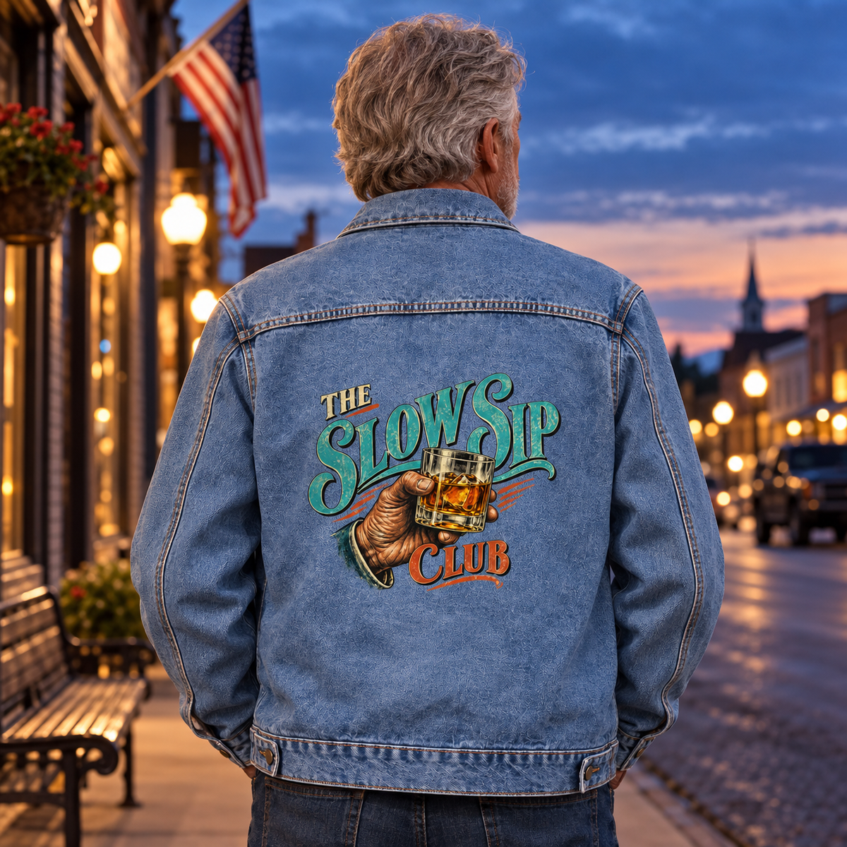 Rear view of senior man wearing blue vintage denim jacket with printed The Slow Sip Club design