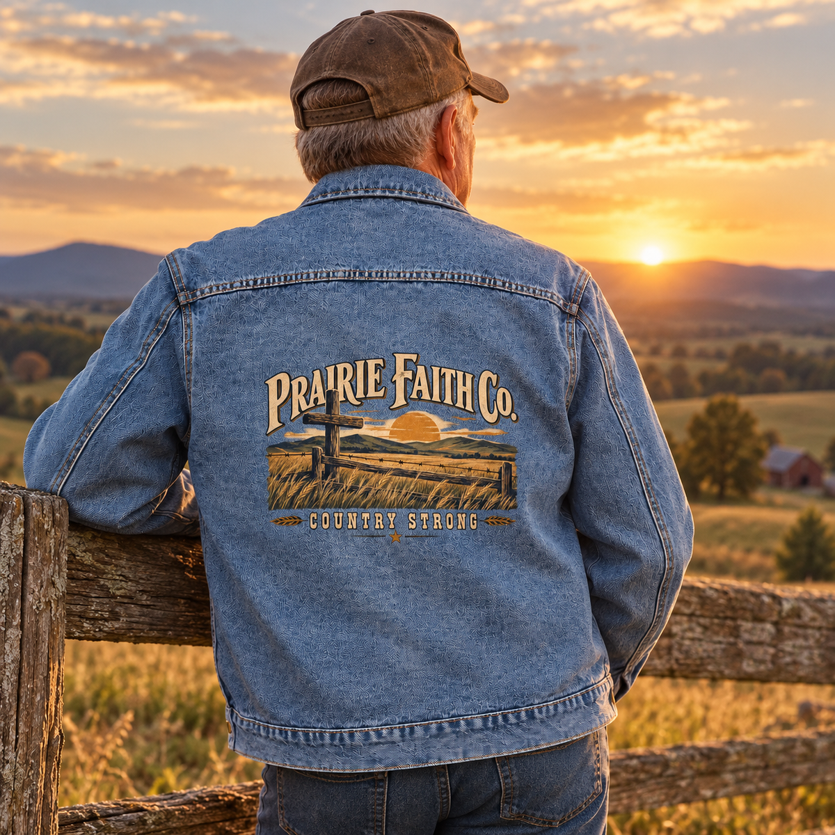 Senior man wearing blue vintage denim jacket with printed Prairie Faith Co. Country Strong design
