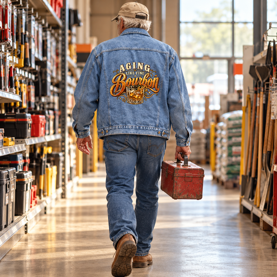 Senior man in hardware aisle wearing blue vintage denim jacket printed Aging Like Fine Bourbon