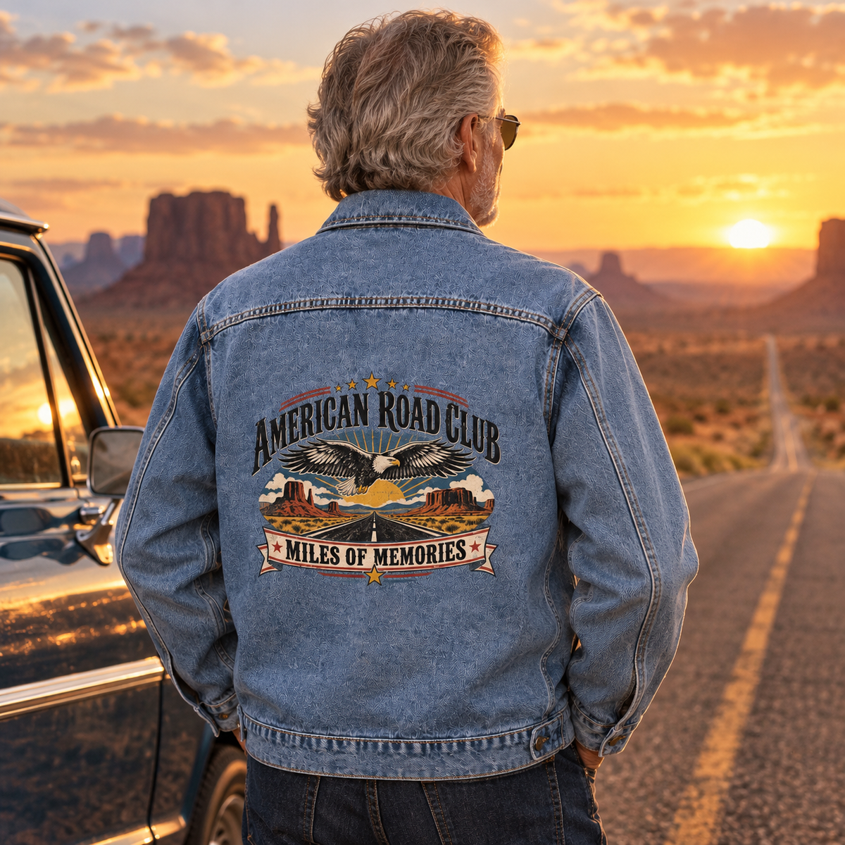 Senior man wearing blue vintage denim jacket printed with American Road Club, Miles of Memories