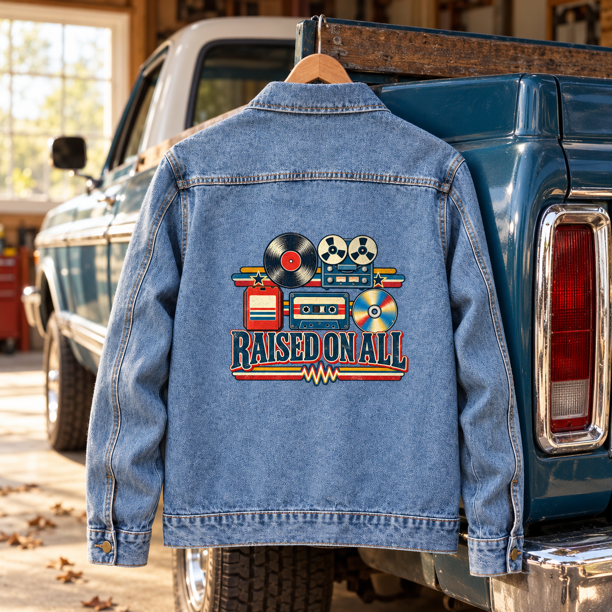 Back of blue vintage denim jacket with printed Raised On All music design