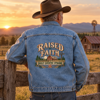 Back view of senior man wearing blue vintage denim jacket with printed country slogan
