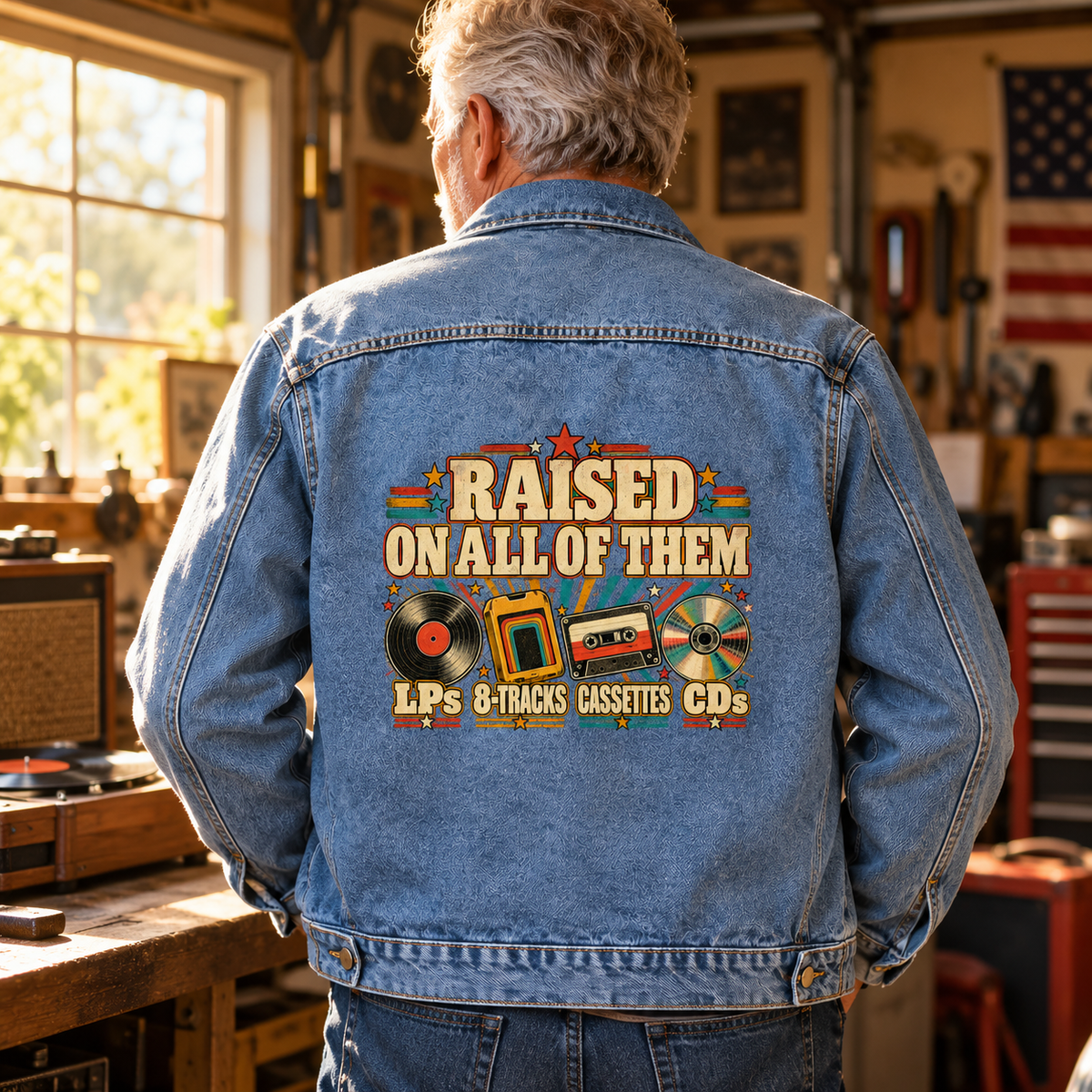 Senior man in blue vintage denim jacket, rear view, printed Raised On All Of Them