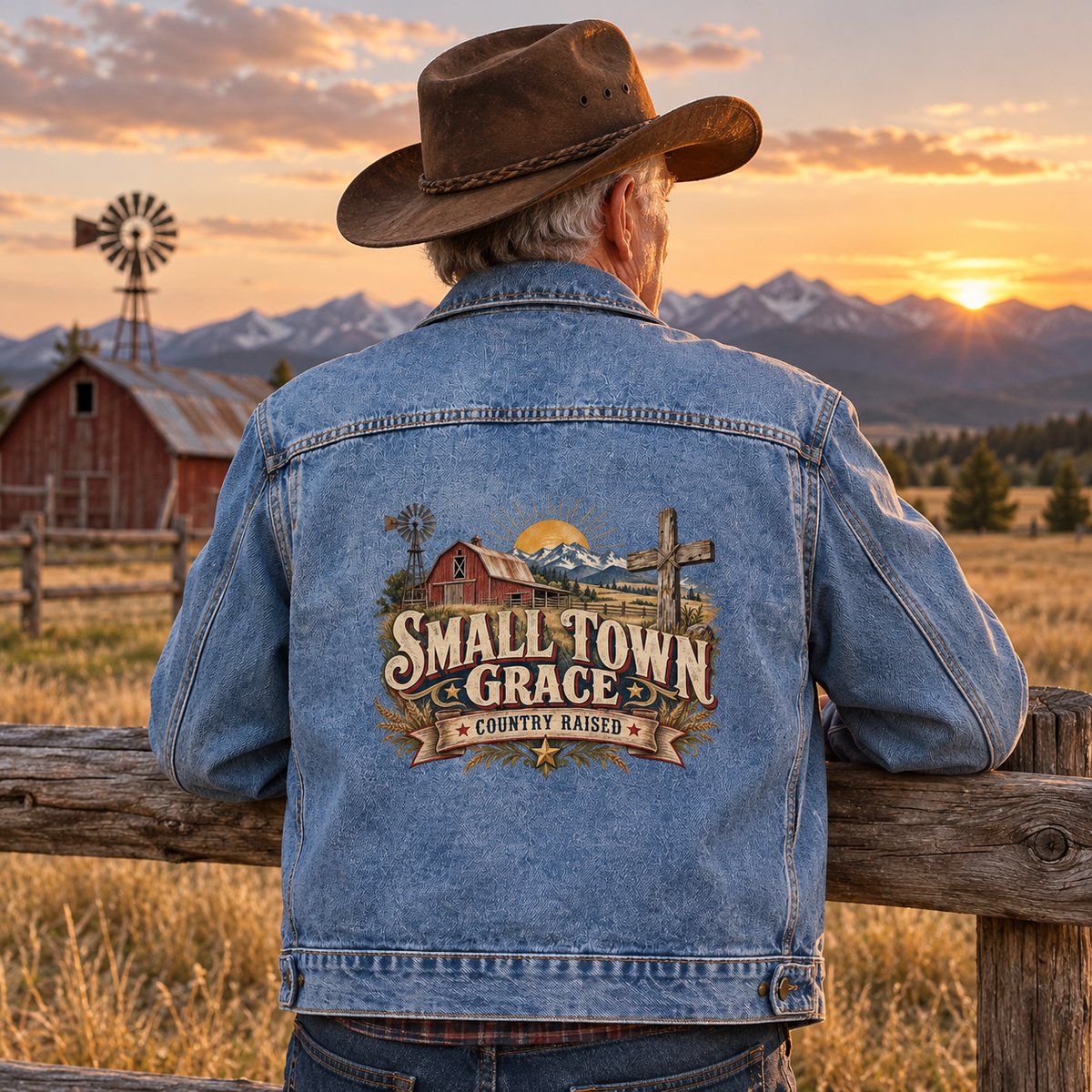Senior man in blue vintage denim jacket, printed Small Town Grace Country Raised at sunset