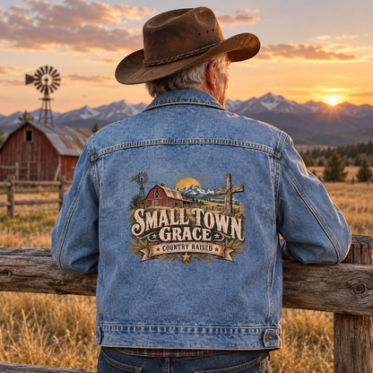 Senior man in blue vintage denim jacket, printed Small Town Grace Country Raised at sunset