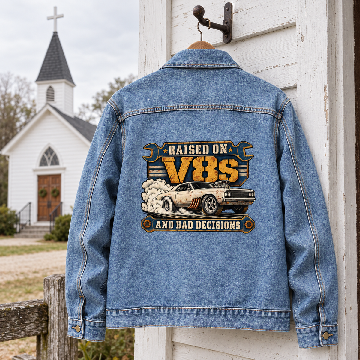 Blue vintage denim jacket, back view, printed Raised On V8s And Bad Decisions car design