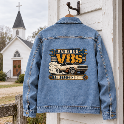 Blue vintage denim jacket, back view, printed Raised On V8s And Bad Decisions car design