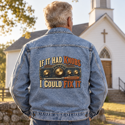 Senior man wearing blue vintage denim jacket with printed radio and knobs slogan, back view