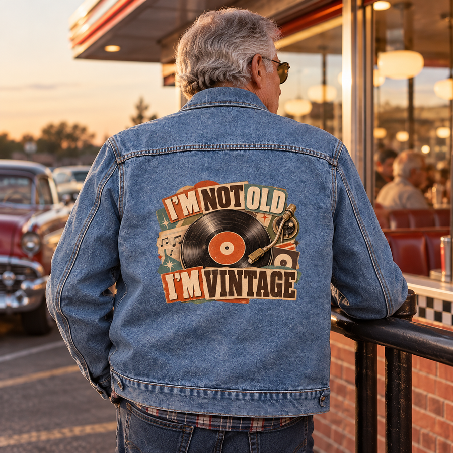 Senior man in blue vintage denim jacket with printed I'm Not Old. I'm Vintage design