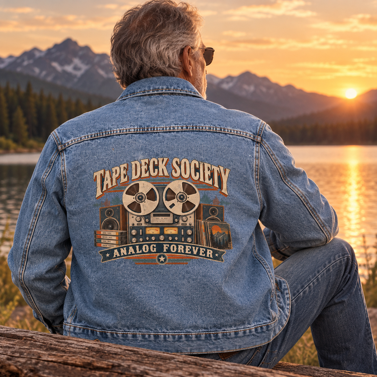 Senior man wears blue vintage denim jacket with printed Tape Deck Society. Analog Forever design beside lake