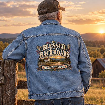 Senior man in blue vintage denim jacket with printed backroads faith slogan at sunset