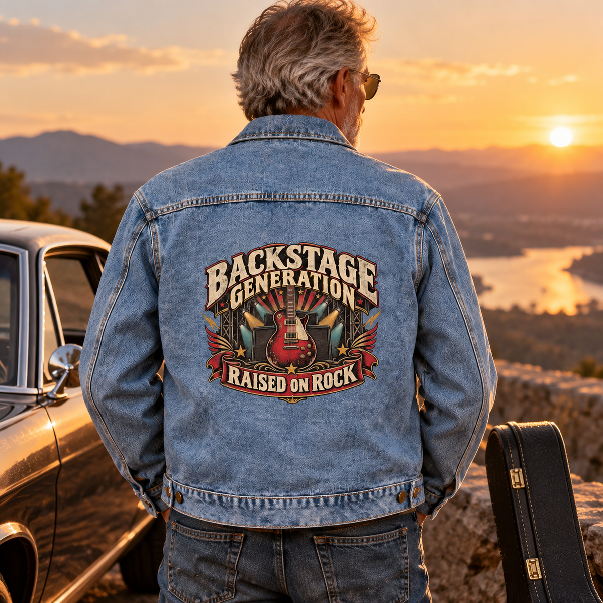 Back view of senior man in blue vintage denim jacket with printed rock design