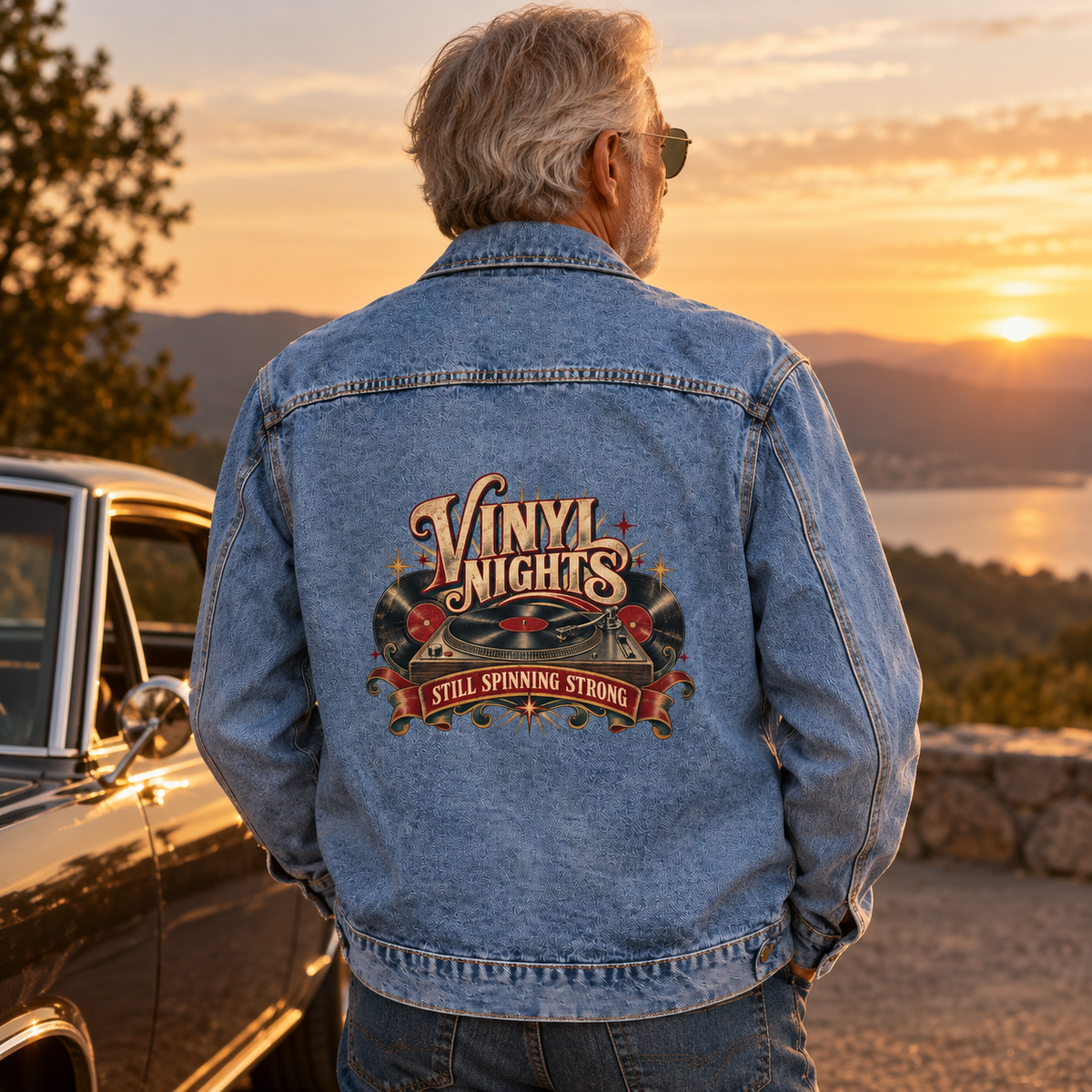 Senior man wearing blue vintage denim jacket with printed Vinyl Nights Still Spinning Strong design