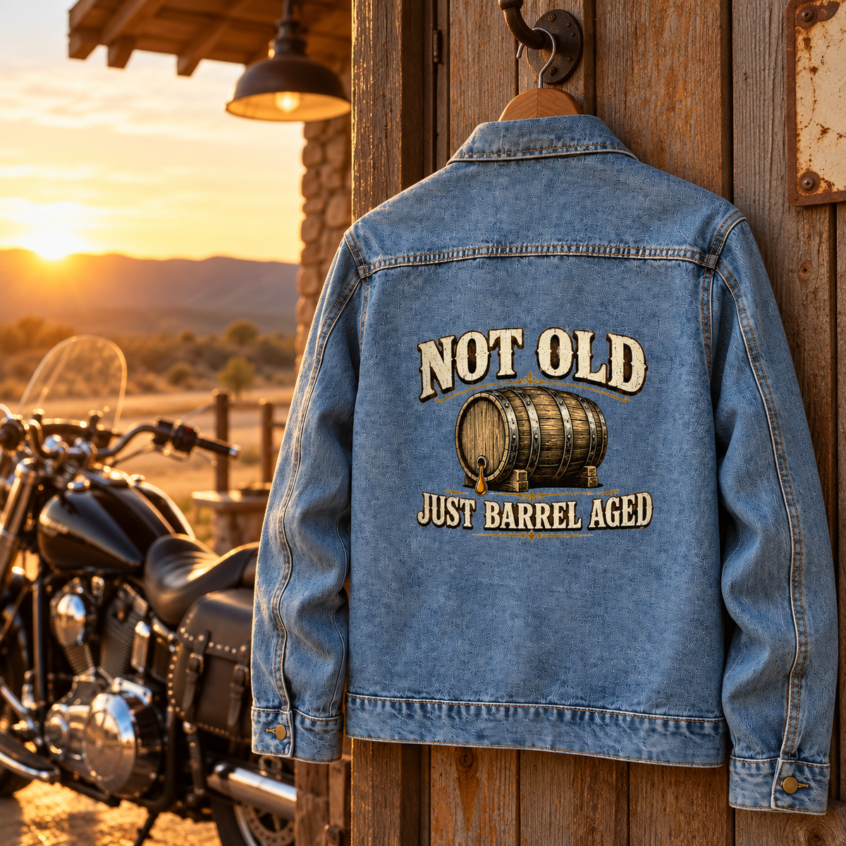 Blue vintage denim jacket back with printed barrel and Not Old Just Barrel Aged slogan.