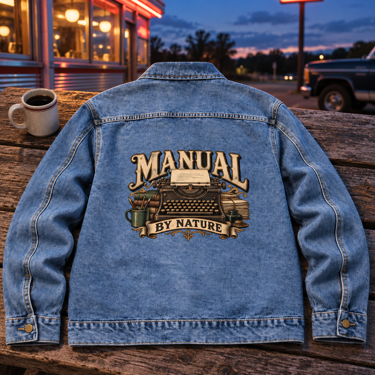 Back view of blue vintage denim jacket with printed Manual By Nature typewriter design.