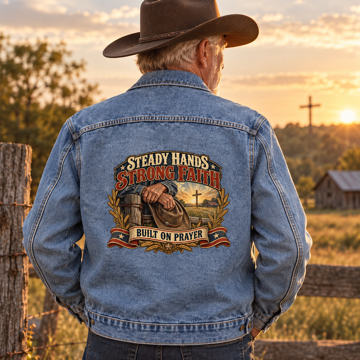 Senior man wears blue vintage denim jacket printed Steady Hands Strong Faith Built On Prayer