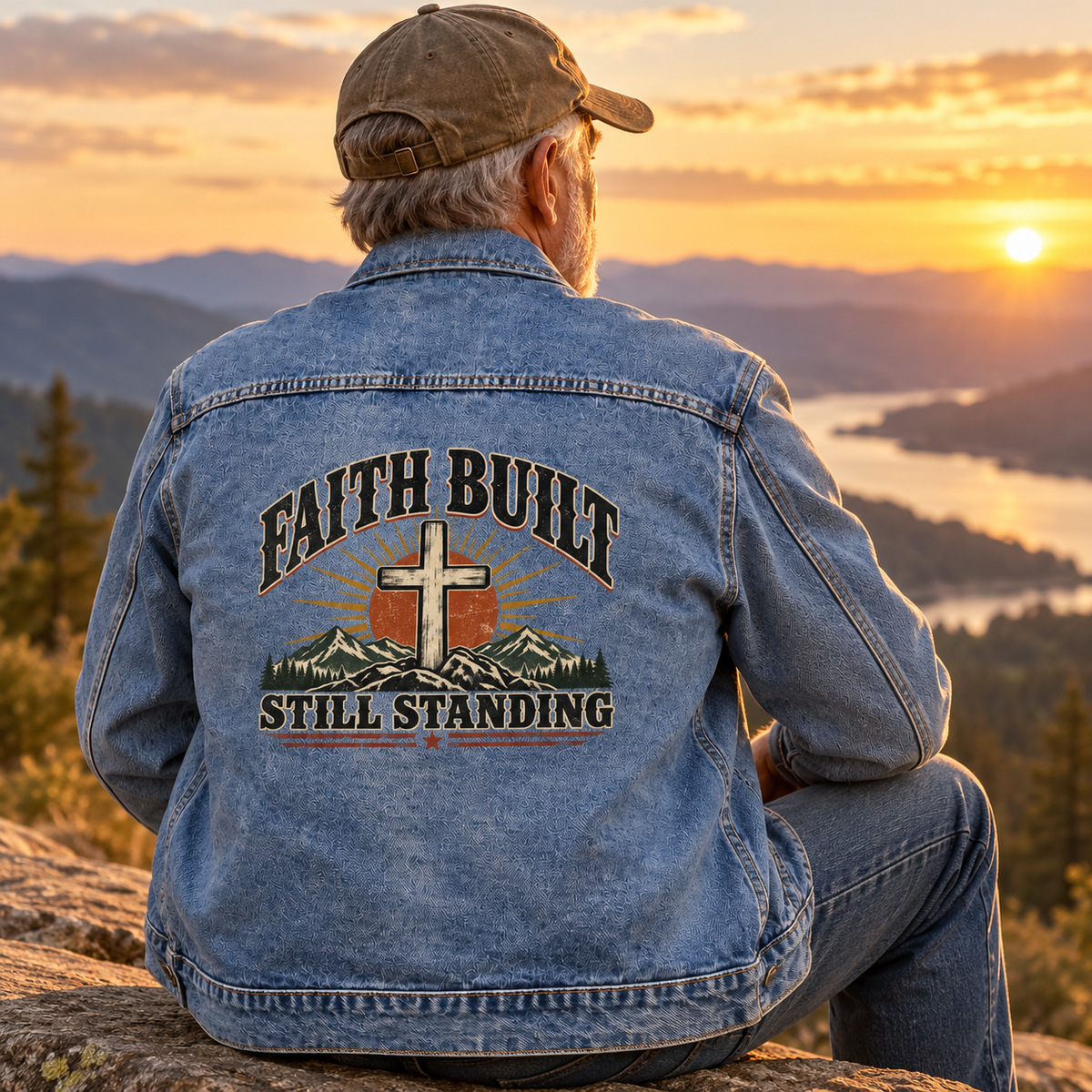 Senior man in blue vintage denim jacket, Faith Built Still Standing printed on back