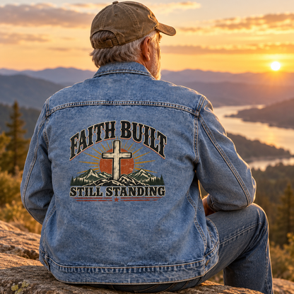 Senior man in blue vintage denim jacket, Faith Built Still Standing printed on back