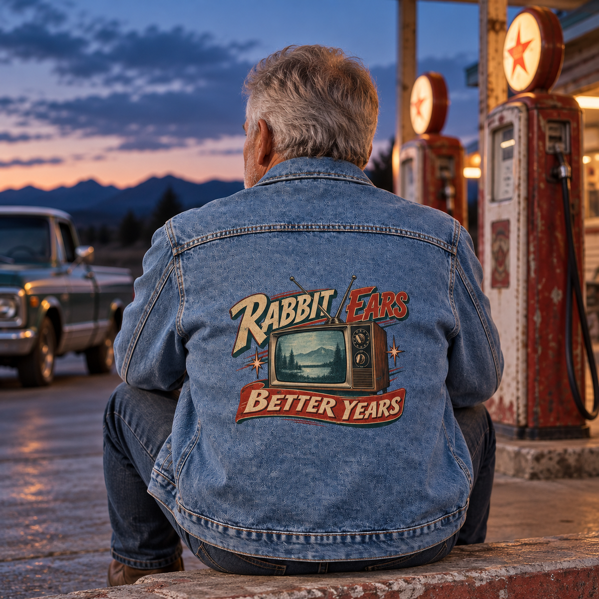 Senior seen from behind in blue vintage denim jacket with printed Rabbit Ears Better Years