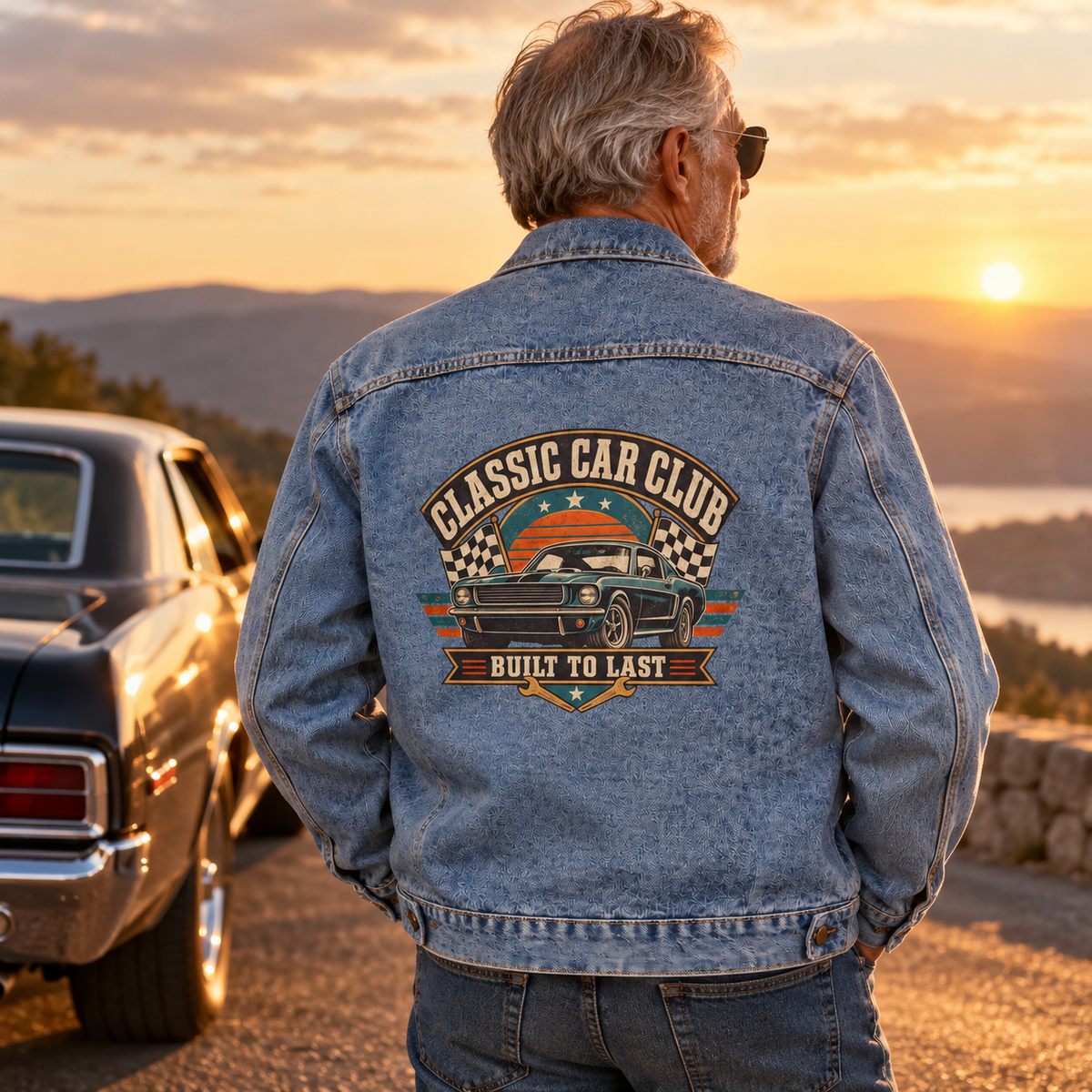 Senior man wearing blue vintage denim jacket with printed Classic Car Club Built To Last design