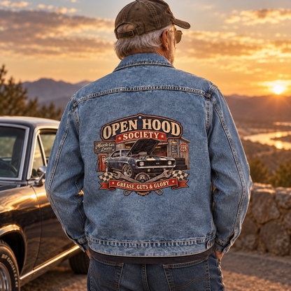 Senior man from behind in blue vintage denim jacket with printed muscle car design