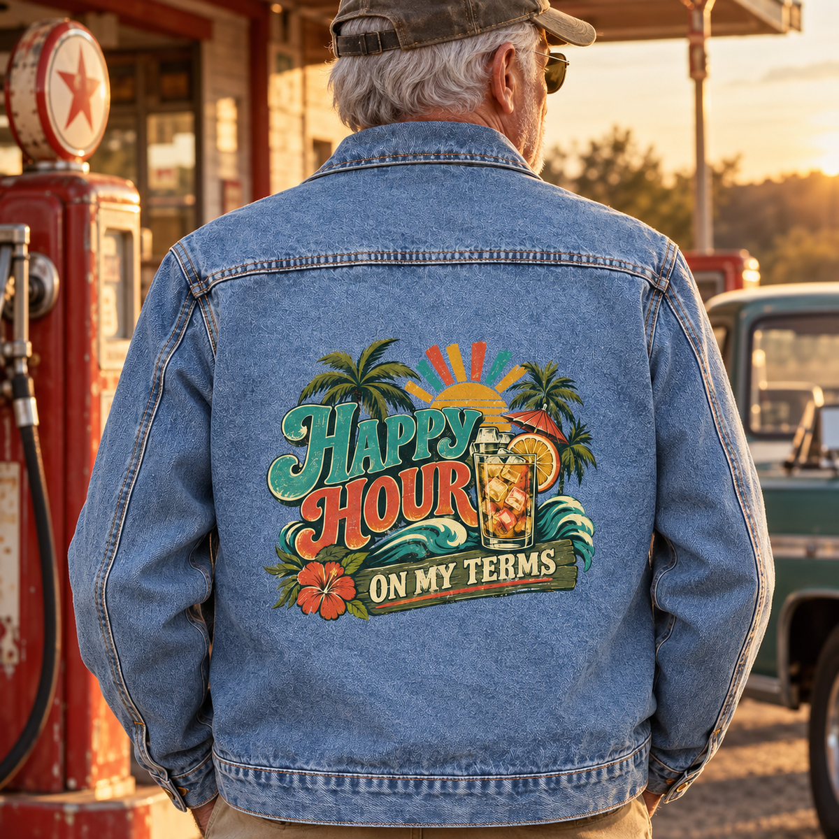 Senior man’s blue vintage denim jacket, Happy Hour On My Terms printed on back