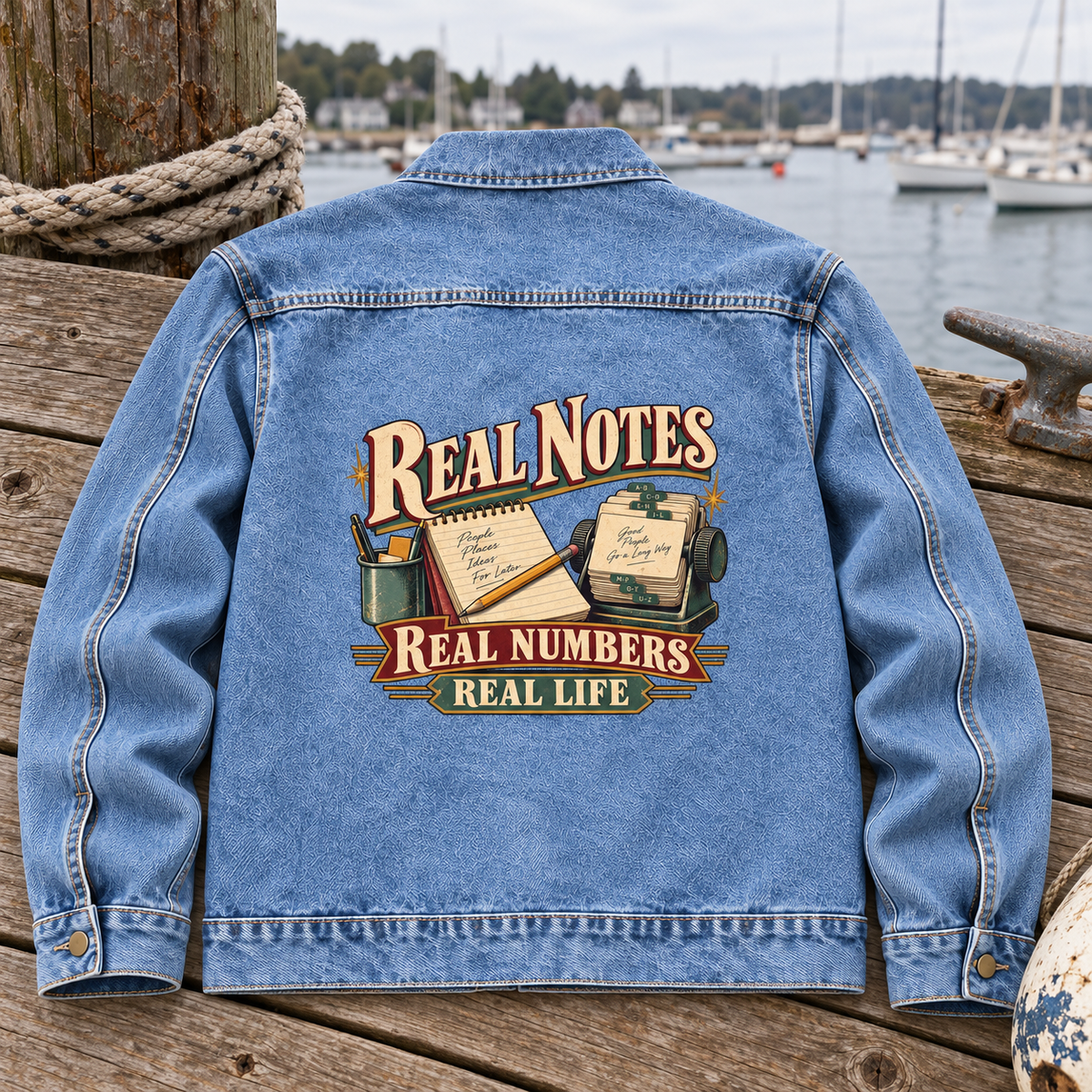 Blue vintage denim jacket, back view, with printed Real Notes, Real Numbers, Real Life slogan.