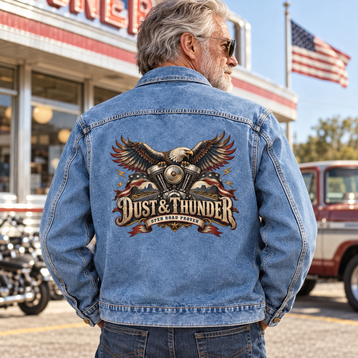 Senior man wears blue vintage denim jacket with printed eagle and Dust & Thunder slogan