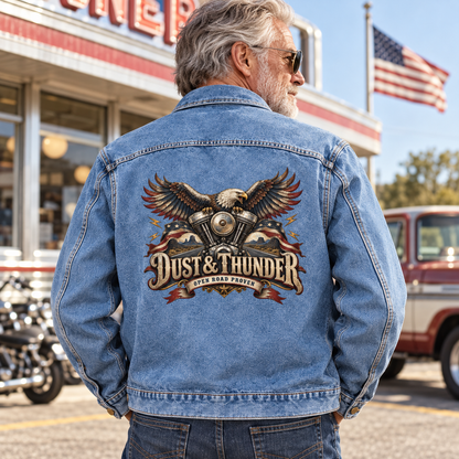 Senior man wears blue vintage denim jacket with printed eagle and Dust & Thunder slogan