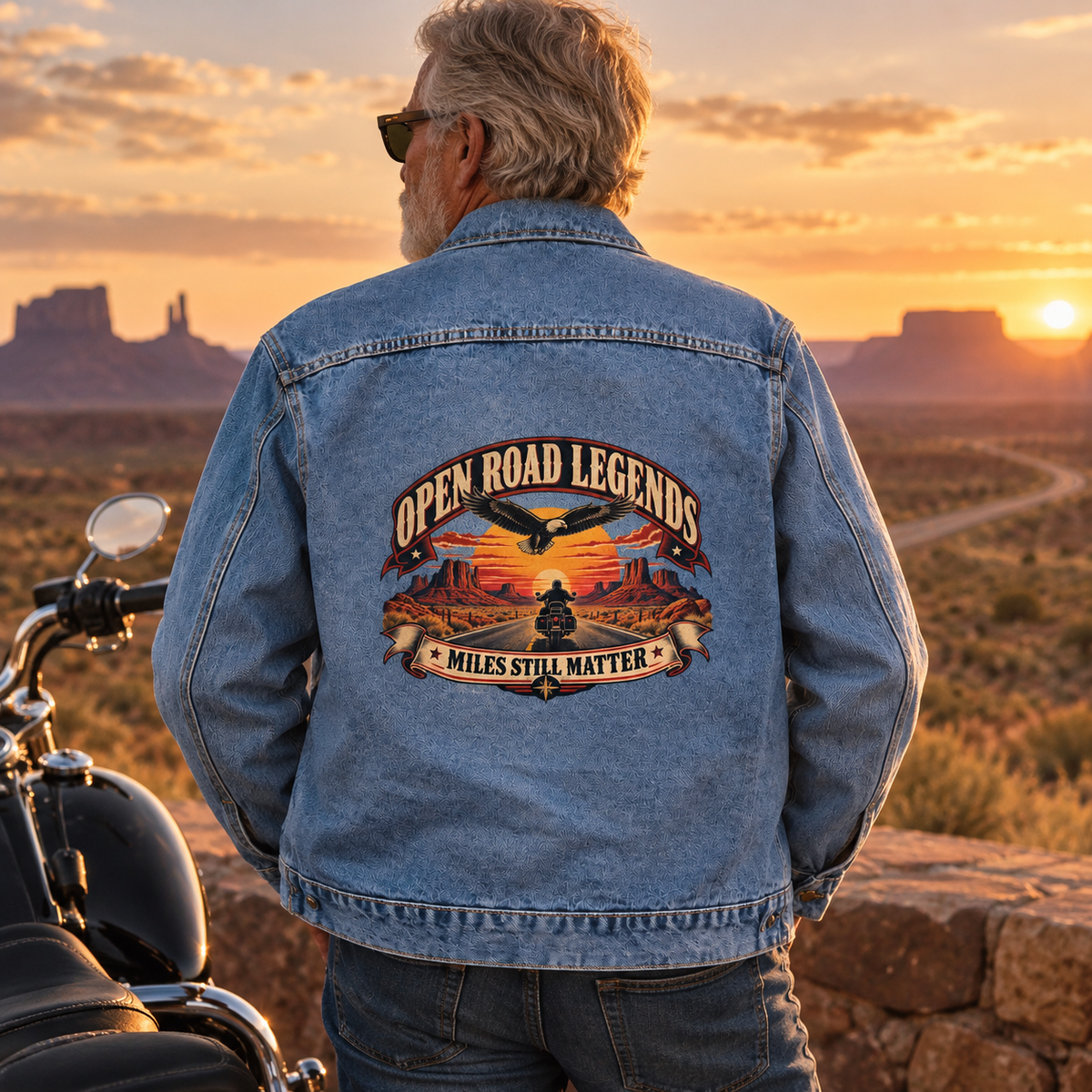 Senior man wearing blue vintage denim jacket with printed motorcycle design at desert sunset