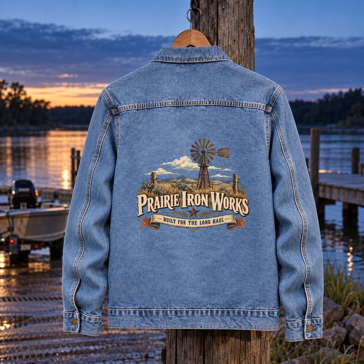 Blue vintage denim jacket, back view, printed Prairie Iron Works windmill design at sunset