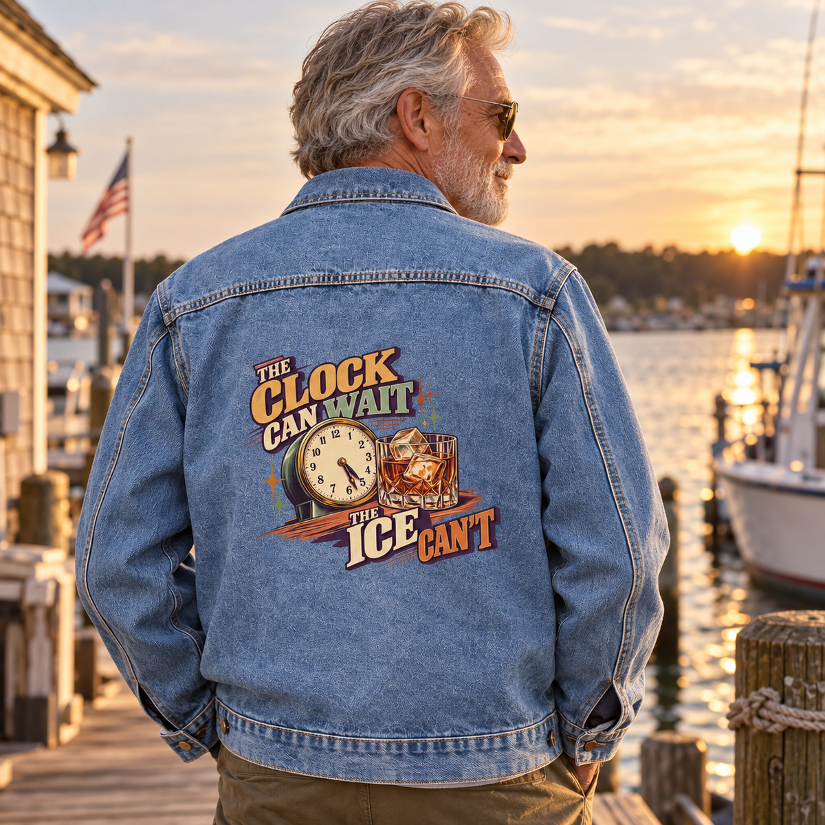 Senior man wears blue vintage denim jacket with printed clock and ice-filled drink at marina.