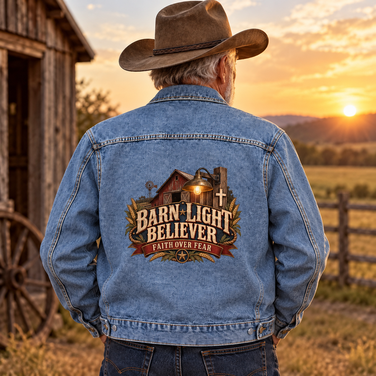 Senior man wears blue vintage denim jacket printed Barn Light Believer, Faith Over Fear
