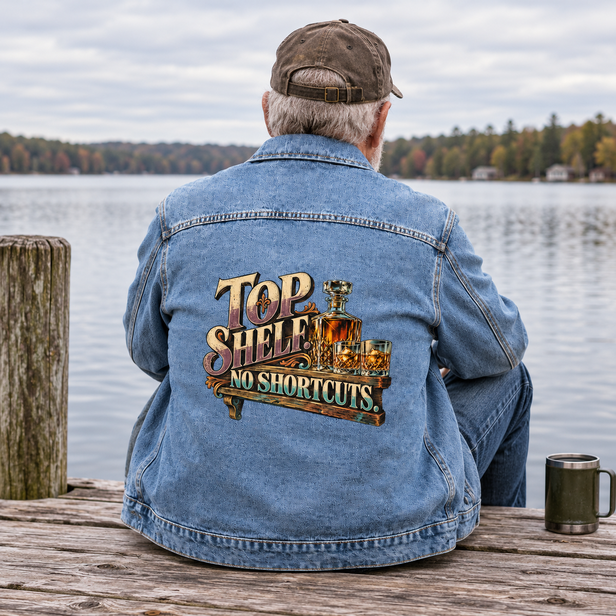 Senior man by lake in blue vintage denim jacket with printed Top Shelf. No Shortcuts